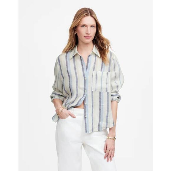 $98 Madewell Linen Easy Y-Neck Button-Up Shirt in Mixed Stripe - XS - Picture 1 of 11